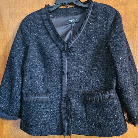 Talbots Black Shimmer Tweed Jacket Like New 3/4 Sleeve w/Ribbon Fringe Trim 10P - Picture 1 of 8